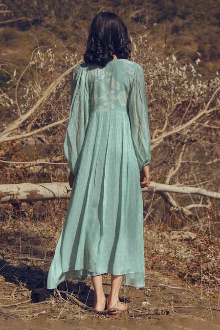 Shop_Paulmi And Harsh_Blue Georgette Round Printed Dress _at_Aza_Fashions