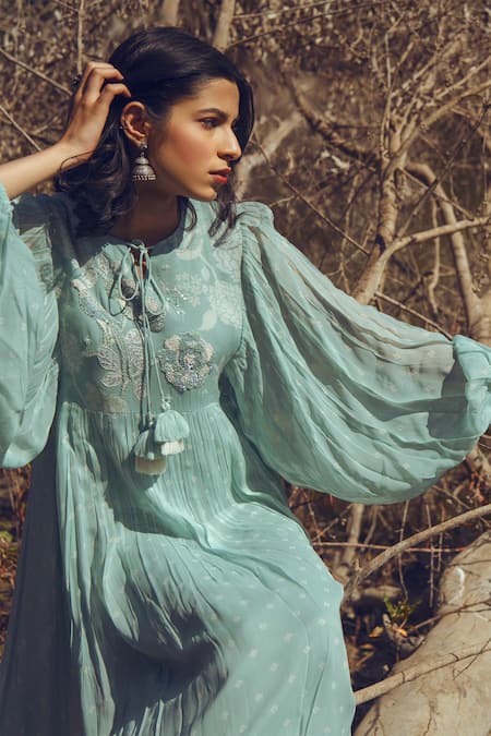 Paulmi And Harsh_Blue Georgette Round Printed Dress _Online_at_Aza_Fashions