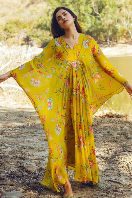 Buy_Paulmi And Harsh_Yellow Georgette V Neck Printed Kaftan _Online_at_Aza_Fashions