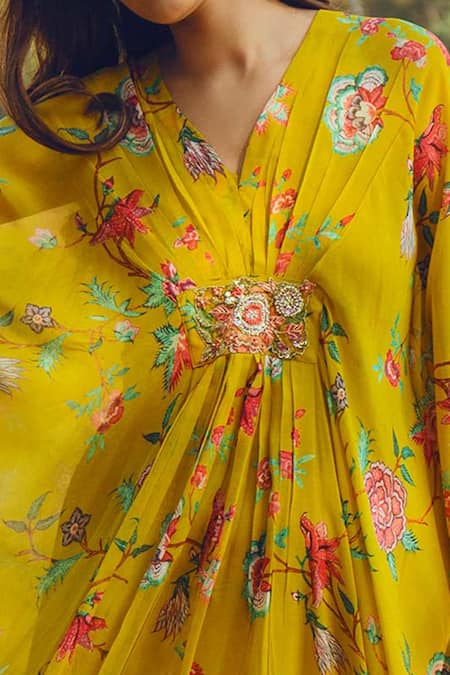 Shop_Paulmi And Harsh_Yellow Georgette V Neck Printed Kaftan _Online_at_Aza_Fashions