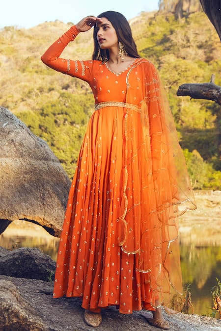 Paulmi and Harsh Orange Embroidered Anarkali With Dupatta