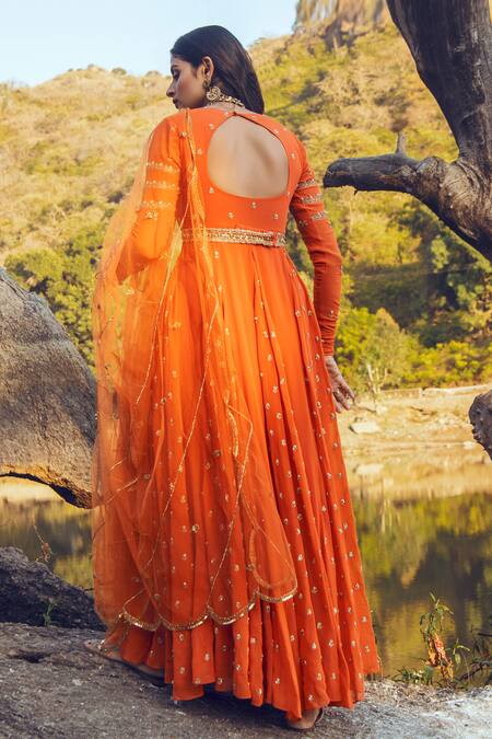 Shop_Paulmi And Harsh_Orange Embroidered Anarkali With Dupatta_at_Aza_Fashions