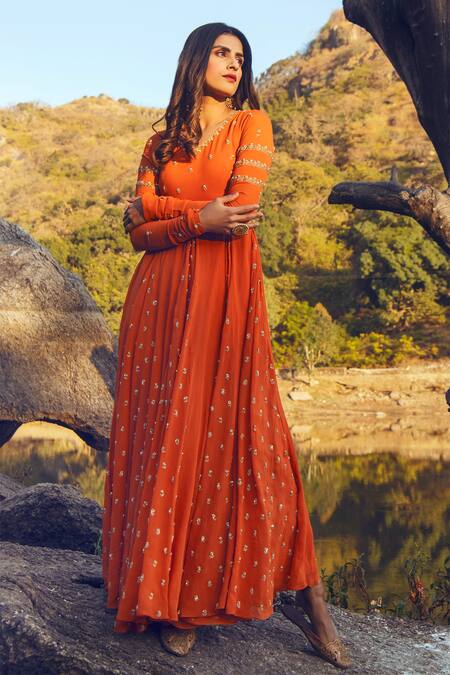 Paulmi And Harsh_Orange Embroidered Anarkali With Dupatta_Online_at_Aza_Fashions
