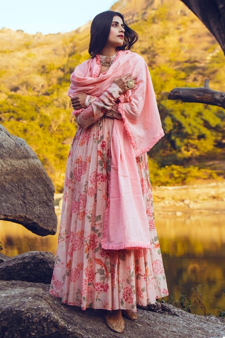 Paulmi and Harsh Pink Anarkali  Malai Chanderi Embroidery V Neck Printed With Dupatta 