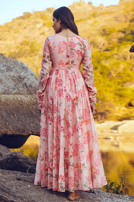 Shop_Paulmi And Harsh_Pink Anarkali  Malai Chanderi, Dupatta  Mul Cotton V Neck Printed With _at_Aza_Fashions