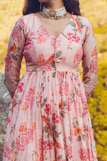 Buy_Paulmi And Harsh_Pink Anarkali  Malai Chanderi, Dupatta  Mul Cotton V Neck Printed With _Online_at_Aza_Fashions