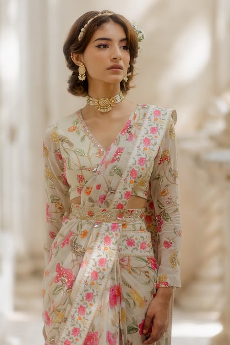 Buy_Paulmi And Harsh_White Georgette V Neck Pre-stitched Saree With Blouse _Online_at_Aza_Fashions