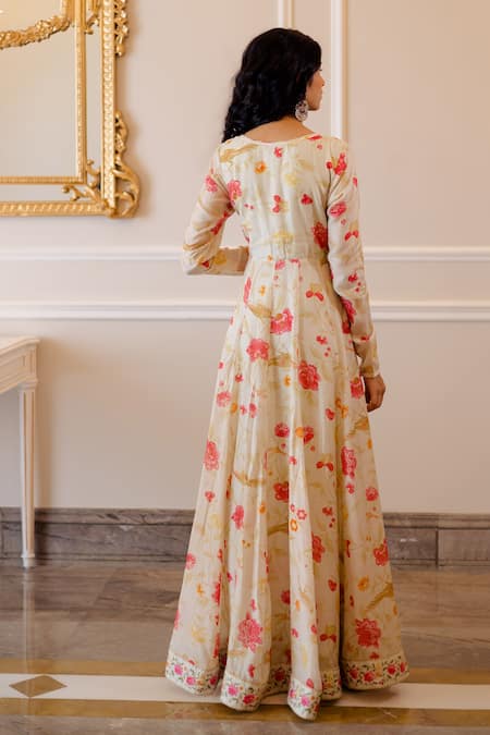 Shop_Paulmi And Harsh_White Anarkali Cotton Silk Round Floral Print With Dupatta _at_Aza_Fashions