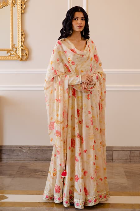 Paulmi And Harsh_White Anarkali Cotton Silk Round Floral Print With Dupatta _Online_at_Aza_Fashions