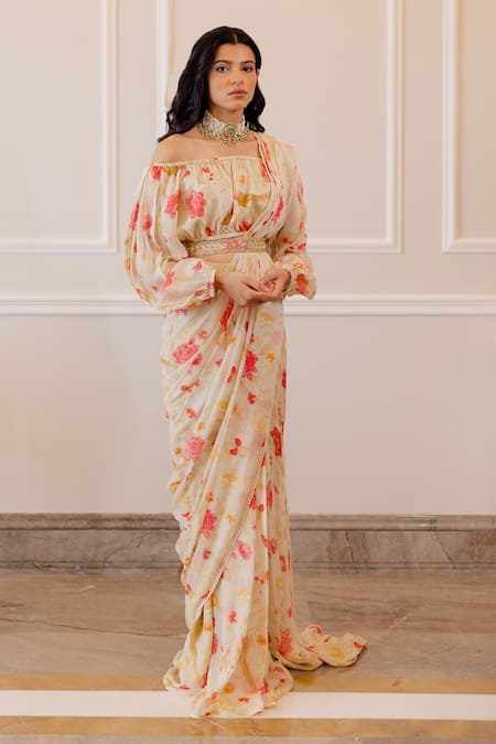 Paulmi And Harsh_White Georgette Pre-draped Saree With Blouse _Online_at_Aza_Fashions