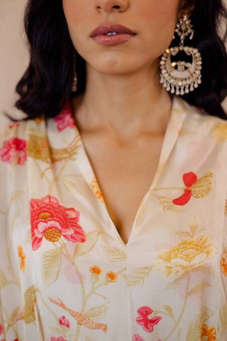 Buy_Paulmi And Harsh_White Crepe V Neck Asymmetric Printed Kurta And Pant Set _Online_at_Aza_Fashions