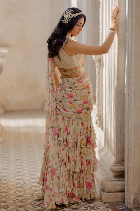 Shop_Paulmi and Harsh_White Saree Georgette, Blouse Malai Chanderi V Neck Pre-stitched With _at_Aza_Fashions