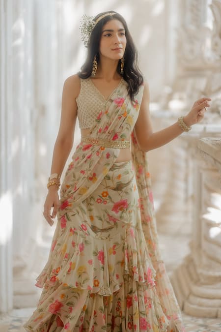 Buy_Paulmi and Harsh_White Saree Georgette, Blouse Malai Chanderi V Neck Pre-stitched With _Online_at_Aza_Fashions