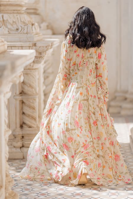 Shop Paulmi And Harsh Off White Georgette V Neck Printed Jacket And Pant Set at Aza Fashions Shop_Paulmi And Harsh_Off White Georgette V Neck Printed Jacket And Pant Set _at_Aza_Fashions