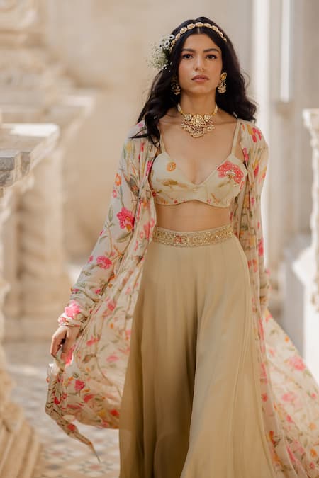 Paulmi And Harsh Off White Georgette V Neck Printed Jacket And Pant Set Online at Aza Fashions Paulmi And Harsh_Off White Georgette V Neck Printed Jacket And Pant Set _Online_at_Aza_Fashions