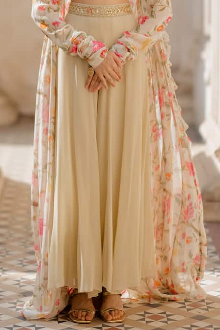 Buy Paulmi And Harsh Off White Georgette V Neck Printed Jacket And Pant Set Online at Aza Fashions Buy_Paulmi And Harsh_Off White Georgette V Neck Printed Jacket And Pant Set _Online_at_Aza_Fashions