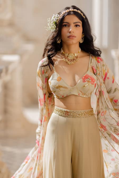 Shop Paulmi And Harsh Off White Georgette V Neck Printed Jacket And Pant Set Online at Aza Fashions Shop_Paulmi And Harsh_Off White Georgette V Neck Printed Jacket And Pant Set _Online_at_Aza_Fashions