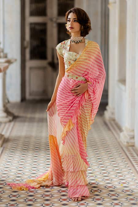 Paulmi And Harsh_Multi Color Blouse Malai Chanderi Saree Georgette Pre-stitched Ruffle With _Online_at_Aza_Fashions
