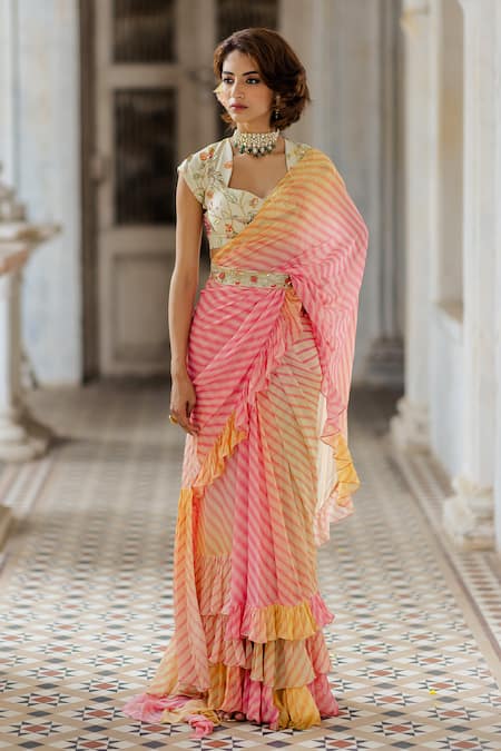 Buy_Paulmi And Harsh_Multi Color Blouse Malai Chanderi Saree Georgette Pre-stitched Ruffle With _Online_at_Aza_Fashions