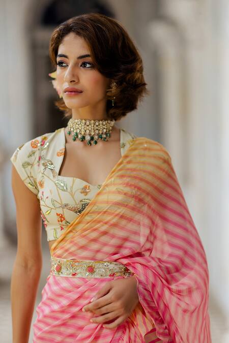 Paulmi And Harsh_Multi Color Blouse Malai Chanderi Saree Georgette Pre-stitched Ruffle With _at_Aza_Fashions