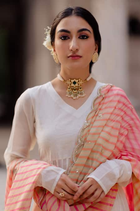 Paulmi And Harsh_White Anarkali And Pant Malai Chanderi Dupatta Organza Round Set _at_Aza_Fashions