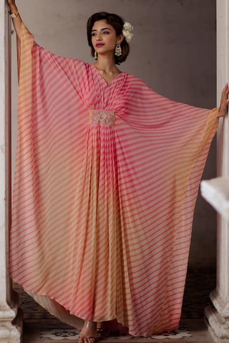 Paulmi And Harsh_Multi Color Kaftan Georgette Inner Satin V Neck Leheriya _Online_at_Aza_Fashions