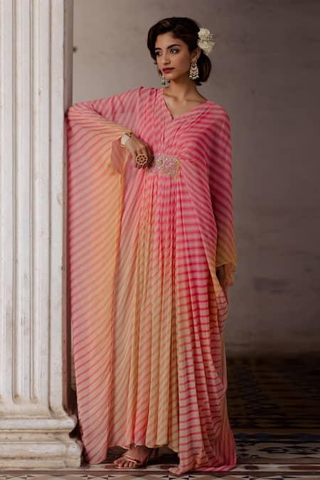 Buy_Paulmi And Harsh_Multi Color Kaftan Georgette Inner Satin V Neck Leheriya _Online_at_Aza_Fashions