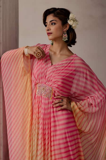 Shop_Paulmi And Harsh_Multi Color Kaftan Georgette Inner Satin V Neck Leheriya _Online_at_Aza_Fashions