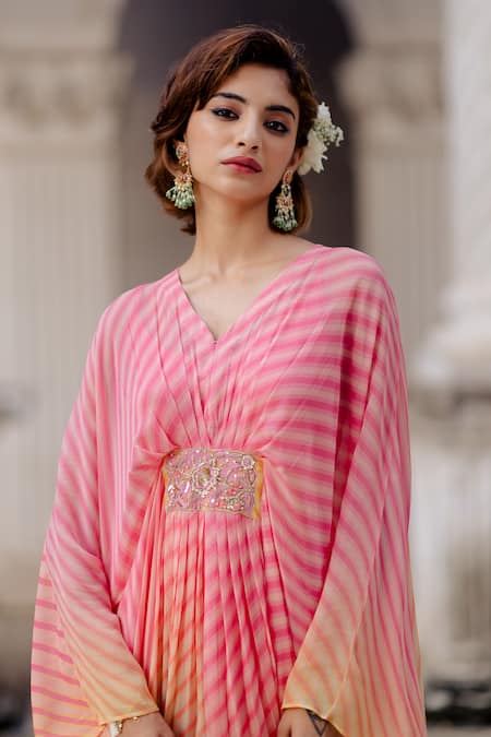 Paulmi And Harsh_Multi Color Kaftan Georgette Inner Satin V Neck Leheriya _at_Aza_Fashions