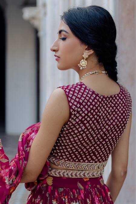 Shop_Paulmi And Harsh_Purple Lehenga Georgette Blouse Cotton Silk V Neck Pre-stitched Saree With_at_Aza_Fashions