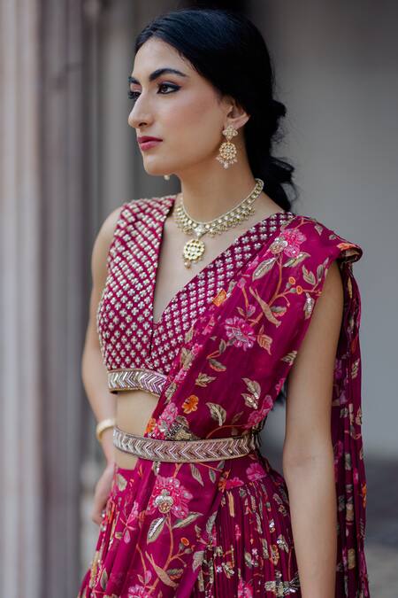 Shop_Paulmi And Harsh_Purple Lehenga Georgette Blouse Cotton Silk V Neck Pre-stitched Saree With_Online_at_Aza_Fashions