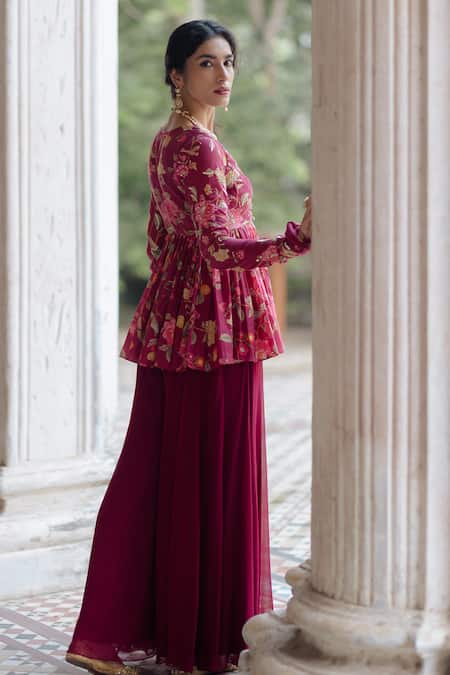 Shop Paulmi And Harsh Purple Pant Georgette Peplum Cotton Silk V Neck Top And Set at Aza Fashions Shop_Paulmi And Harsh_Purple Pant Georgette Peplum Cotton Silk V Neck Top And Set_at_Aza_Fashions