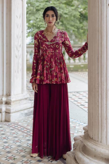 Paulmi And Harsh Purple Pant Georgette Peplum Cotton Silk V Neck Top And Set Online at Aza Fashions Paulmi And Harsh_Purple Pant Georgette Peplum Cotton Silk V Neck Top And Set_Online_at_Aza_Fashions