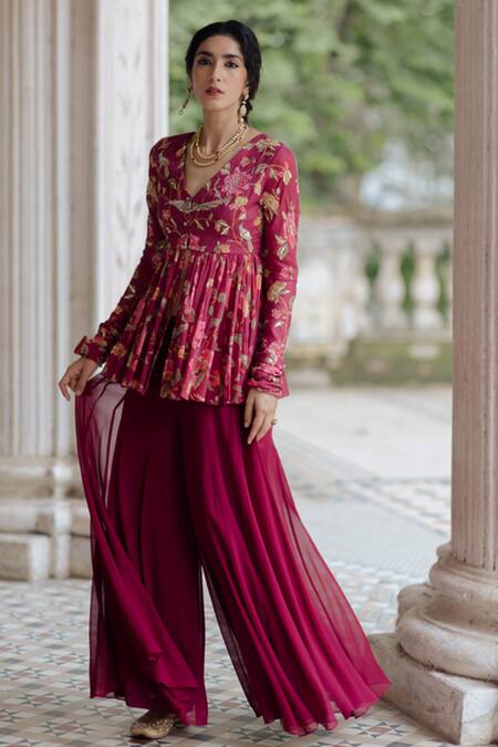 Buy Paulmi And Harsh Purple Pant Georgette Peplum Cotton Silk V Neck Top And Set Online at Aza Fashions Buy_Paulmi And Harsh_Purple Pant Georgette Peplum Cotton Silk V Neck Top And Set_Online_at_Aza_Fashions