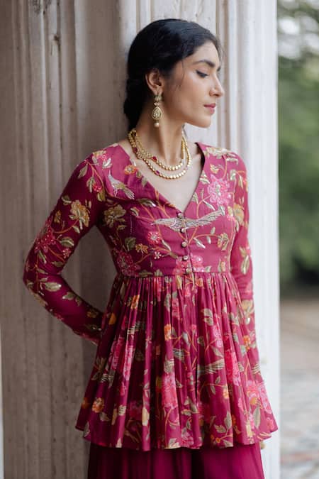 Shop Paulmi And Harsh Purple Pant Georgette Peplum Cotton Silk V Neck Top And Set Online at Aza Fashions Shop_Paulmi And Harsh_Purple Pant Georgette Peplum Cotton Silk V Neck Top And Set_Online_at_Aza_Fashions