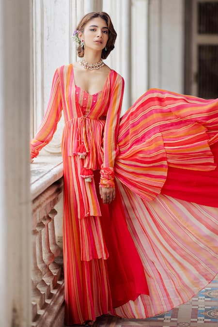 Shop Paulmi And Harsh Pink Georgette V Neck Striped Jacket And Pant Set at Aza Fashions Shop_Paulmi And Harsh_Pink Georgette V Neck Striped Jacket And Pant Set _at_Aza_Fashions