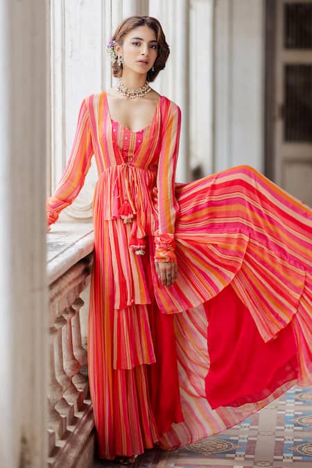 Paulmi And Harsh Pink Georgette V Neck Striped Jacket And Pant Set Online at Aza Fashions Paulmi And Harsh_Pink Georgette V Neck Striped Jacket And Pant Set _Online_at_Aza_Fashions