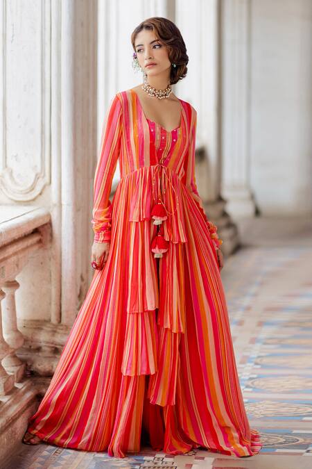 Buy Paulmi And Harsh Pink Georgette V Neck Striped Jacket And Pant Set Online at Aza Fashions Buy_Paulmi And Harsh_Pink Georgette V Neck Striped Jacket And Pant Set _Online_at_Aza_Fashions