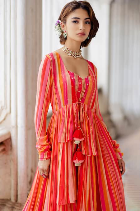 Shop Paulmi And Harsh Pink Georgette V Neck Striped Jacket And Pant Set Online at Aza Fashions Shop_Paulmi And Harsh_Pink Georgette V Neck Striped Jacket And Pant Set _Online_at_Aza_Fashions