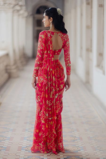 Shop_Paulmi And Harsh_Pink Georgette Round Pre-stitched Saree With Blouse _at_Aza_Fashions