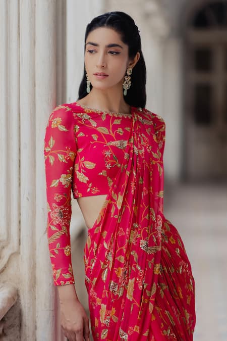 Paulmi And Harsh_Pink Georgette Round Pre-stitched Saree With Blouse _Online_at_Aza_Fashions