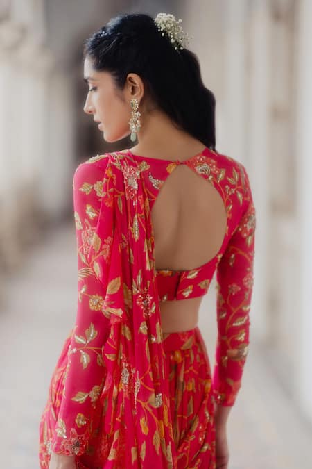 Buy_Paulmi And Harsh_Pink Georgette Round Pre-stitched Saree With Blouse _Online_at_Aza_Fashions