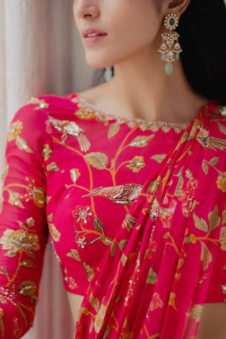 Shop_Paulmi And Harsh_Pink Georgette Round Pre-stitched Saree With Blouse _Online_at_Aza_Fashions