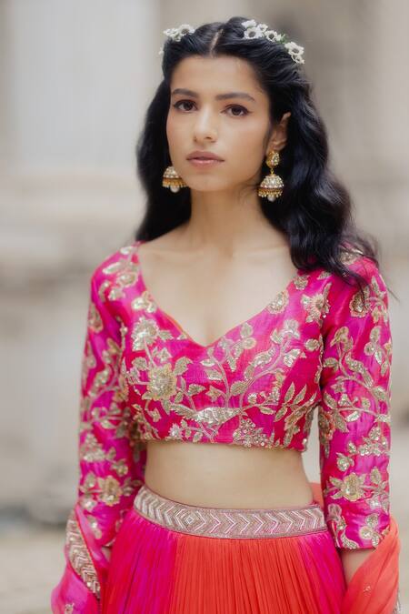 Paulmi And Harsh_Pink Leheriya Lehenga Set_Online_at_Aza_Fashions
