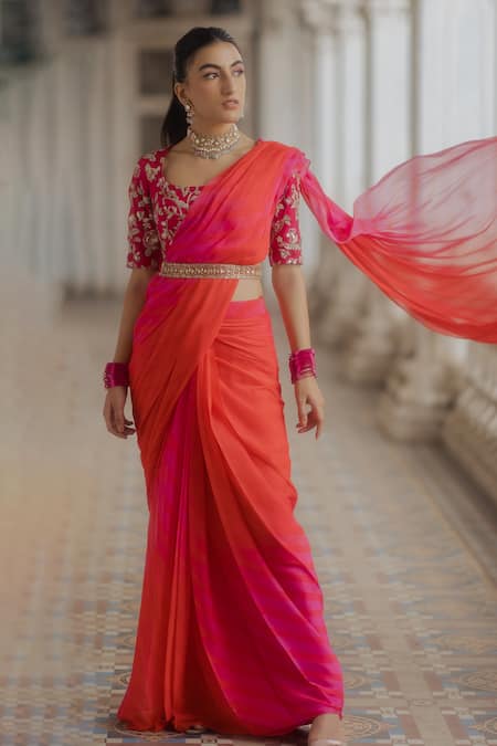 Paulmi and Harsh Pink Georgette Pre-draped Saree With Blouse