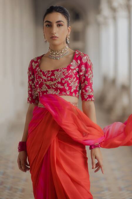 Paulmi And Harsh_Pink Pre-draped Saree With Blouse_Online_at_Aza_Fashions