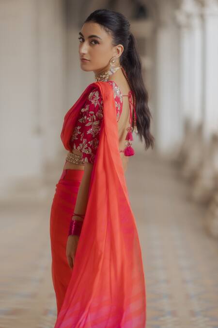 Buy_Paulmi And Harsh_Pink Pre-draped Saree With Blouse_Online_at_Aza_Fashions