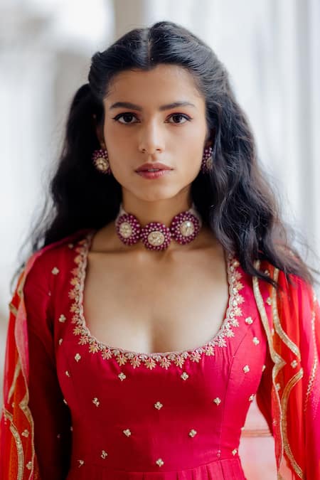 Buy_Paulmi And Harsh_Pink Anarkali And Pant Cotton Silk Dupatta Organza U Neck Kalidar Set _Online_at_Aza_Fashions