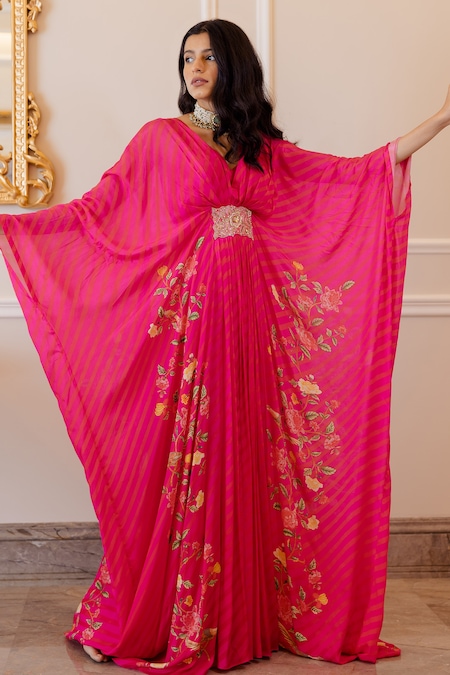 Paulmi And Harsh Pink Kaftan Crepe V Neck Leheriya Printed 
