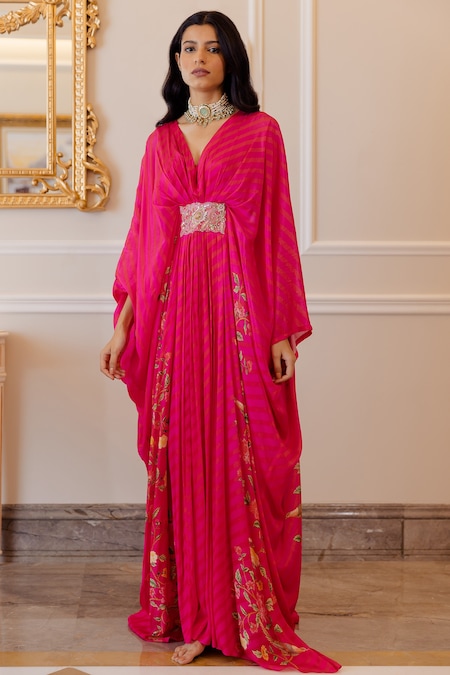 Buy_Paulmi And Harsh_Pink Kaftan Crepe V Neck Leheriya Printed _Online_at_Aza_Fashions